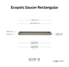 Ecopots Untersetzer rechteckig mit Maßangaben: Länge 43,5 Zentimeter, Breite 15,5 Zentimeter, Höhe 3,3 Zentimeter.