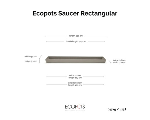 Ecopots Untersetzer rechteckig mit Maßangaben: Länge 43,5 Zentimeter, Breite 15,5 Zentimeter, Höhe 3,3 Zentimeter.