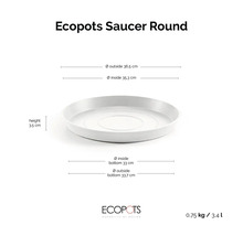 Ecopots Untersetzer rund mit Maßen: Höhe 3,5 Zentimeter, Außendurchmesser 36,5 Zentimeter, Gewicht 0,75 Kilogramm, Volumen 3,4 Liter.
