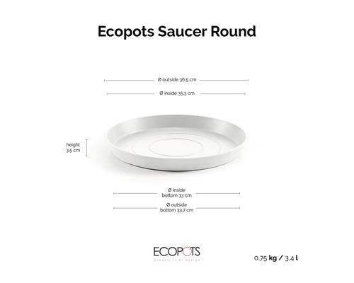 Ecopots Untersetzer rund mit Maßen: Höhe 3,5 Zentimeter, Außendurchmesser 36,5 Zentimeter, Gewicht 0,75 Kilogramm, Volumen 3,4 Liter.