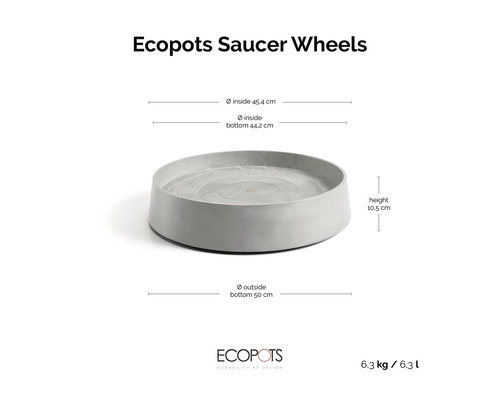 Ecopots Saucer Wheels auf Rollen: Durchmesser oben innen 45,4 Zentimeter, unten außen 50 Zentimeter, Höhe 10,5 Zentimeter.