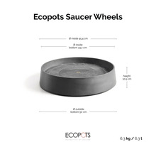 Ecopots Saucer Wheels Untersetzer mit Rollen, Innendurchmesser 45,4 Zentimeter, Höhe 10,5 Zentimeter, Aussendurchmesser unten 50 Zentimeter.