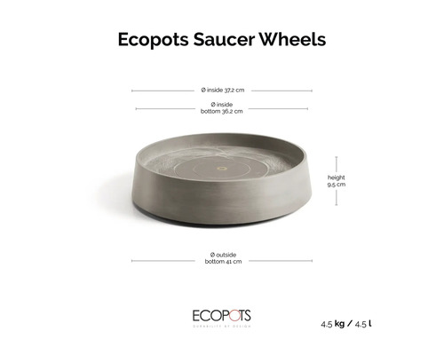 Ecopots Untersetzer Saucer Wheels mit Maßangaben: oben 37,2 Zentimeter, unten 36,2 Zentimeter, außen 41 Zentimeter, Höhe 9,5 Zentimeter. Ecopots Logo.