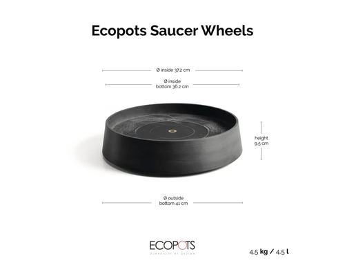 Ecopots Untersetzer auf Rollen für Pflanztöpfe mit Maßangaben: Innendurchmesser 37,2 Zentimeter, Höhe 9,5 Zentimeter, Gewicht 4,5 Kilogramm.