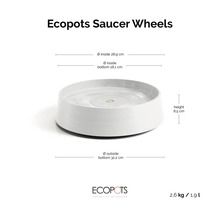 Weißer Ecopots Untersetzer auf Rollen: Höhe 8,5 Zentimeter, Außendurchmesser unten 32,2 Zentimeter, Innendurchmesser 28,9 Zentimeter.