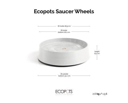 Weißer Ecopots Untersetzer auf Rollen: Höhe 8,5 Zentimeter, Außendurchmesser unten 32,2 Zentimeter, Innendurchmesser 28,9 Zentimeter.