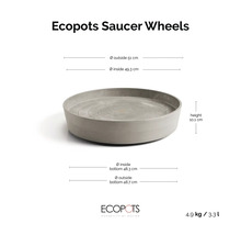 Ecopots Saucer Wheels Untersetzer auf Rollen in Steingrau mit Maßangaben: Durchmesser 51 Zentimeter, Höhe 10,1 Zentimeter, Ecopots Logo.