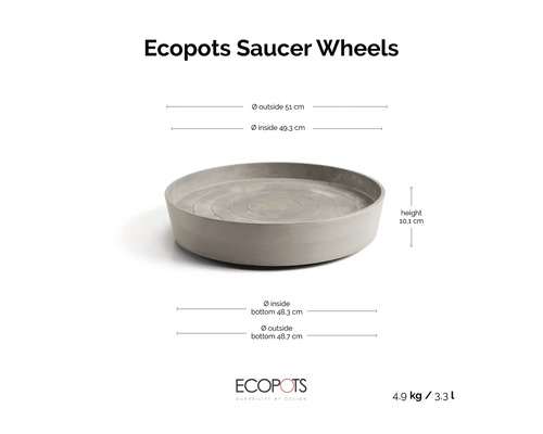 Ecopots Saucer Wheels Untersetzer auf Rollen in Steingrau mit Maßangaben: Durchmesser 51 Zentimeter, Höhe 10,1 Zentimeter, Ecopots Logo.