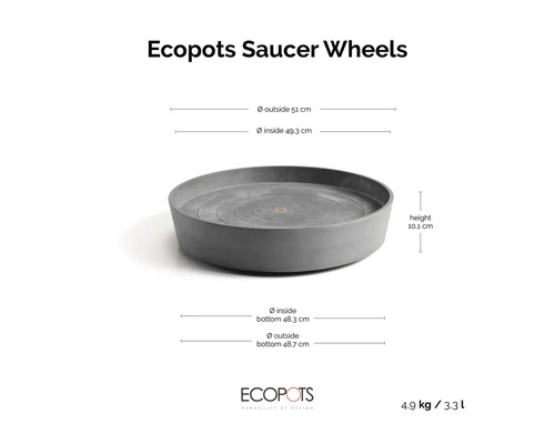 Ecopots Untersetzer Saucer Wheels mit Maßen: Außendurchmesser 51 Zentimeter, Innendurchmesser 49,3 Zentimeter, Höhe 10,1 Zentimeter.