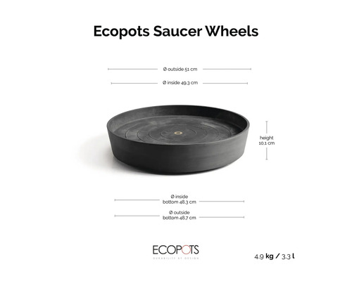 Schwarzer Ecopots Untersetzer auf Rollen mit Maßen: Außendurchmesser 51 Zentimeter, Innendurchmesser 49,3 Zentimeter, Höhe 10,1 Zentimeter.