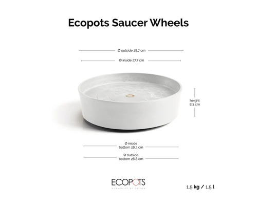 Ecopots Untersetzer auf Rollen mit Maßen: Außendurchmesser 28,7 Zentimeter, Innendurchmesser 27,7 Zentimeter, Höhe 8,3 Zentimeter.