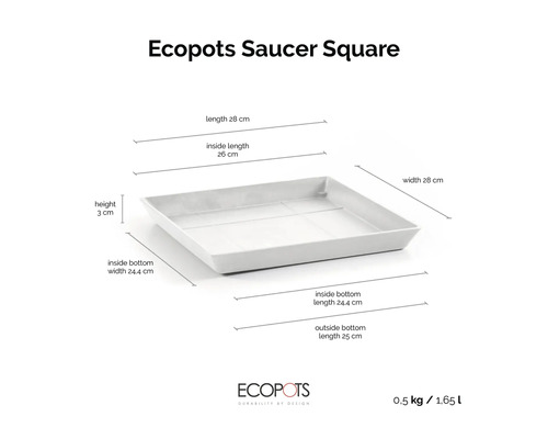Quadratischer Untersetzer Ecopots Saucer Square mit Maßen: Länge und Breite 28 Zentimeter, Höhe 3 Zentimeter, Innenlänge 26 Zentimeter.