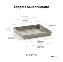 Quadratischer Ecopots Untersetzer in Steinoptik mit Abmessungen: 38,5 Zentimeter Länge und Breite sowie 3,4 Zentimeter Höhe. Ecopots Logo.