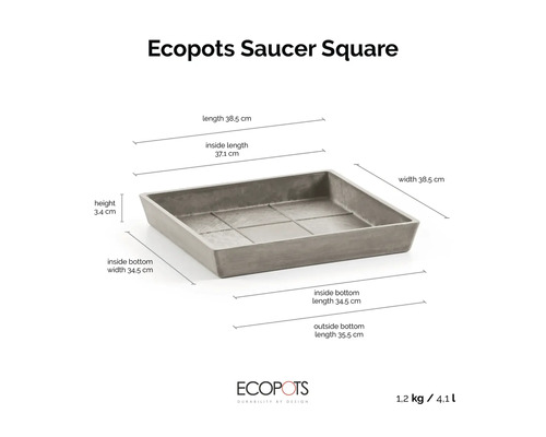 Quadratischer Ecopots Untersetzer in Steinoptik mit Abmessungen: 38,5 Zentimeter Länge und Breite sowie 3,4 Zentimeter Höhe. Ecopots Logo.