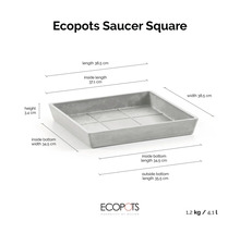 Quadratischer Untersetzer Ecopots Saucer Square mit Maßangaben: Länge 38,5 Zentimeter, Breite 38,5 Zentimeter, Höhe 3,4 Zentimeter. Ecopots Logo.