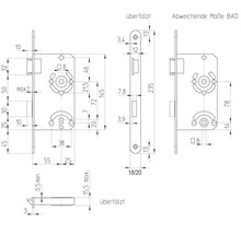 Technische Zeichnung eines Türschlosses mit Maßen