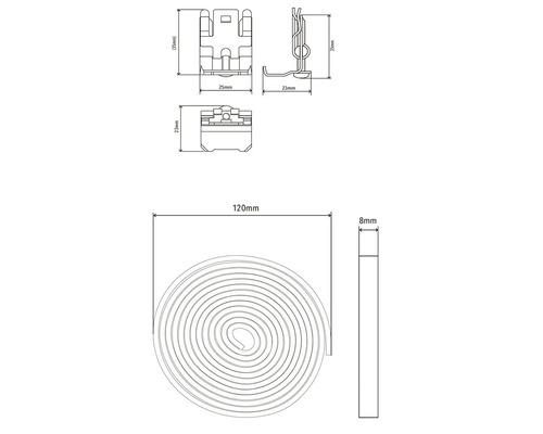 Technische Zeichnung eines Rollladenkastens mit den Maßen 35 mm, 25 mm, 23 mm, 120 mm und 8 mm.