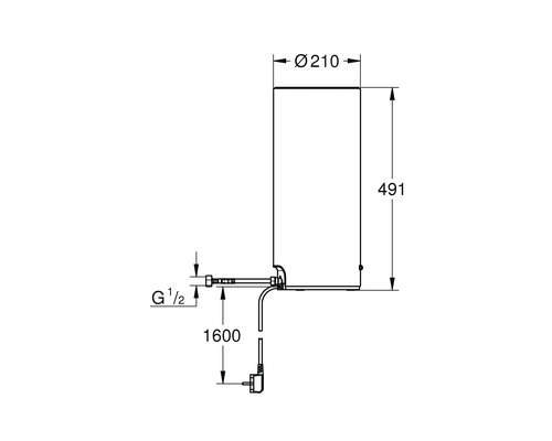 Technische Zeichnung eines Wasserboilers mit Maßangaben