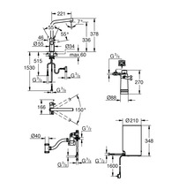 Technische Zeichnung mit Maßangaben für ein Sanitärprodukt