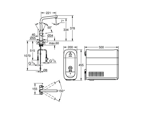 Technische Zeichnung einer Küchenarmatur mit Boiler und Abmessungen