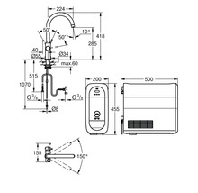Maßzeichnung einer Küchenarmatur mit Boiler