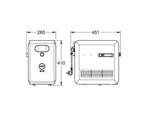 Technische Zeichnung eines Gasdurchlauferhitzers mit Maßangaben