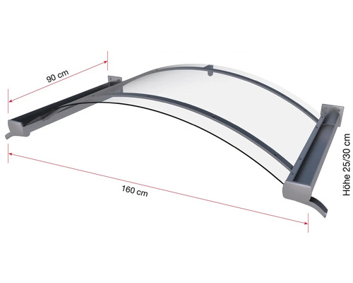 Vordach mit den Massen 160 cm Breite, 90 cm Tiefe und 25/30 cm Höhe