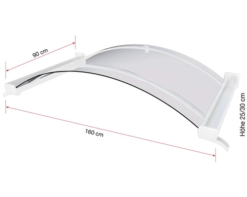 Vordach mit den Maßen 160 x 90 Zentimeter und einer Höhe von 25 bis 30 Zentimeter.