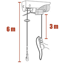 Technische Zeichnung einer elektrischen Seilwinde mit einer Hubhöhe von sechs Metern und einer Seillänge von drei Metern.