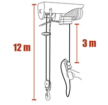 Zeichnung eines elektrischen Seilzugs mit einer Hubhöhe von 12 Metern und einer Steuerleitungslänge von 3 Metern