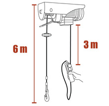 Zeichnung eines elektrischen Seilzugs mit einer Hubhöhe von 6 Metern und einer Steuerungskabellänge von 3 Metern.