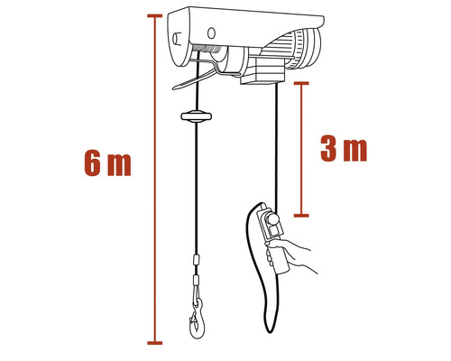 Zeichnung eines Seilzugs mit einer Hubhöhe von 6 Metern und einer Steuerkabellänge von 3 Metern