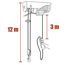 Zeichnung eines elektrischen Seilzugs mit 12 Meter Seillänge und 3 Meter Steuerungskabellänge.