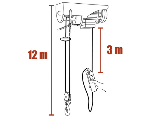 Zeichnung eines elektrischen Seilzugs mit 12 Meter Seillänge und 3 Meter Steuerungskabellänge.