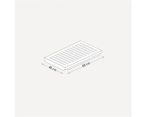 Abbildung einer Duschwanne mit den Maßen 40 mal 69 Zentimeter.