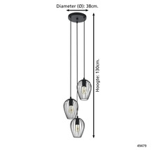 Hängeleuchte mit drei Lampen im Käfigdesign, Durchmesser 38 cm, Höhe 130 cm