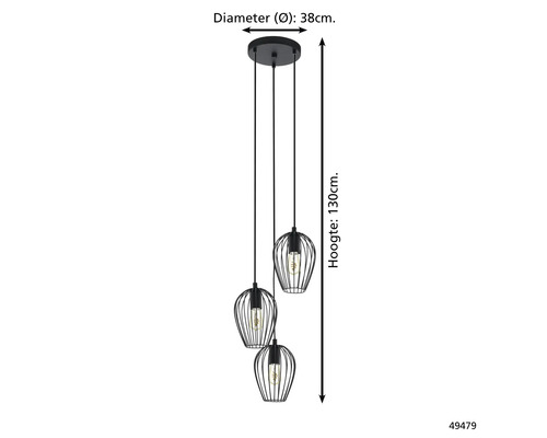 Hängeleuchte mit drei Lampen im Käfigdesign, Durchmesser 38 cm, Höhe 130 cm