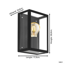 Schwarze Wandleuchte mit Glühbirne und Abmessungen