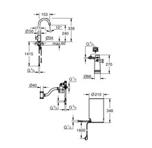 Technische Zeichnung eines Wasserhahns mit Bemaßung.