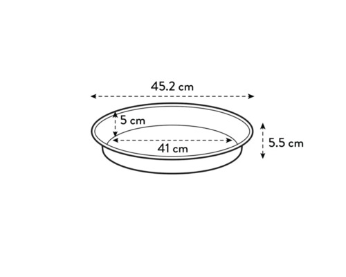 Zeichnung einer Pflanzschale mit den Maßen 45,2 cm Länge, 41 cm Breite und 5,5 cm Höhe
