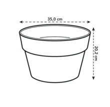Skizze eines Blumentopfs mit den Maßen 35,0 cm Breite und 20,2 cm Höhe.