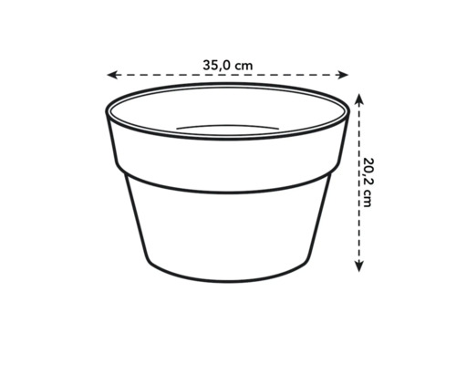 Skizze eines Blumentopfs mit den Maßen 35,0 cm Breite und 20,2 cm Höhe.