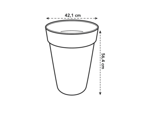 Technische Zeichnung eines Pflanzgefäßes mit den Maßen 42,1 cm Durchmesser und 56,4 cm Höhe.