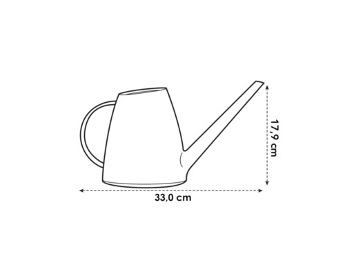 Skizze einer Gießkanne mit Maßangaben 33,0 cm Länge und 17,9 cm Höhe