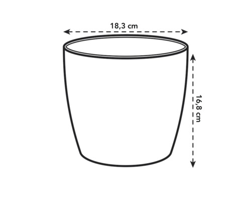 Schemazeichnung eines Pflanzgefäßes mit den Maßen 18,3 cm Breite und 16,8 cm Höhe.
