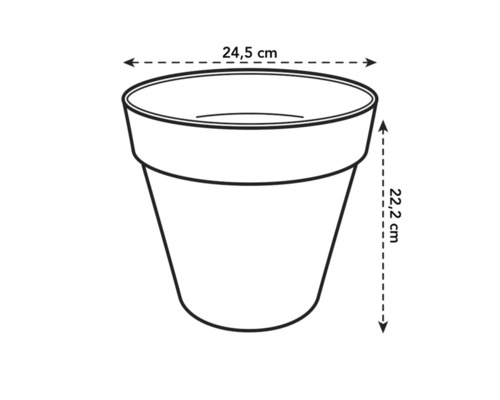 Illustration eines Pflanzgefäßes mit den Maßen 24,5 cm Breite und 22,2 cm Höhe.