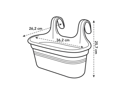 Abmessungen eines Balkonkastens: 26,2 cm breit, 36,2 cm lang und 25,7 cm hoch.