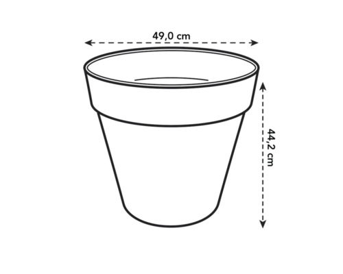 Skizze eines Pflanzgefäßes mit den Maßen 49,0 cm Breite und 44,2 cm Höhe.