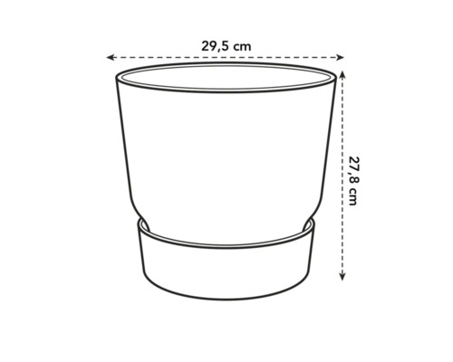 Skizze eines Pflanzgefäßes mit den Maßen 29,5 cm Breite und 27,8 cm Höhe.