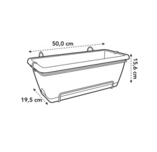 Abbildung eines Blumenkastens mit Halterung und Maßangaben: 50,0 cm Länge, 15,6 cm Höhe und 19,5 cm Breite.